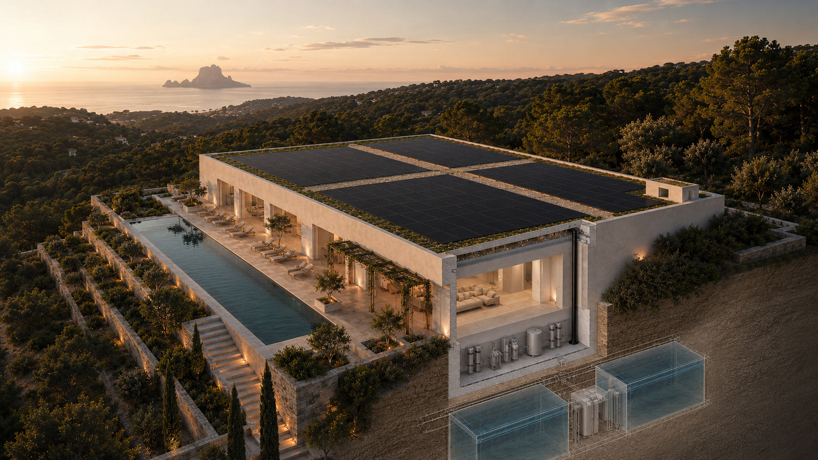 Mediterranean villa with photovoltaic roof at golden hour